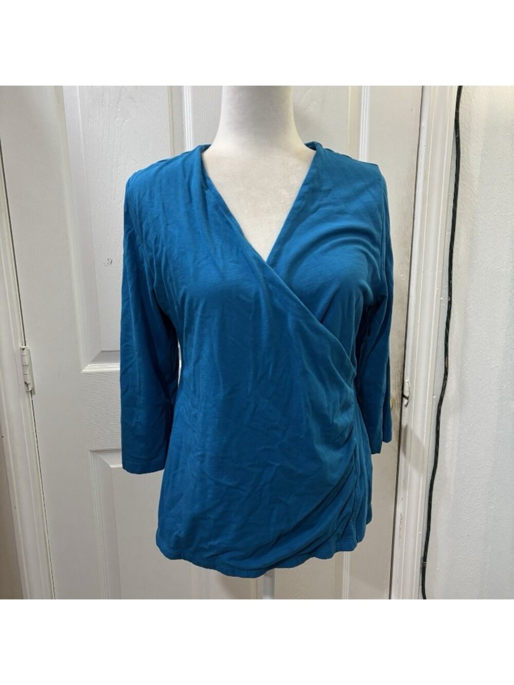 soft surroundings Alyssa Knit Top Wrap Blouse Stretchy Blue Size Large